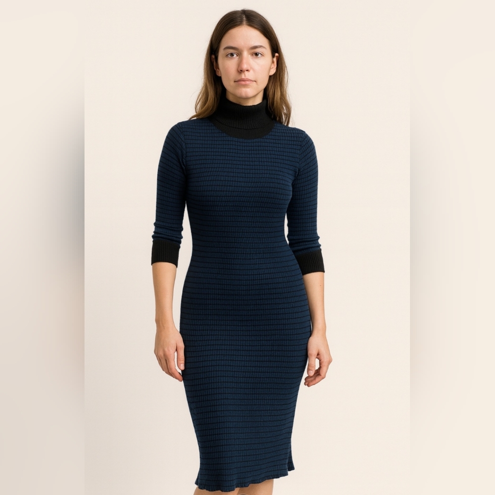 New York & Company Blue Black  Turtleneck Ribbed Knit Sweater Dress Medium
